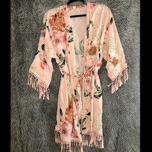 Pink floral robe with fringe